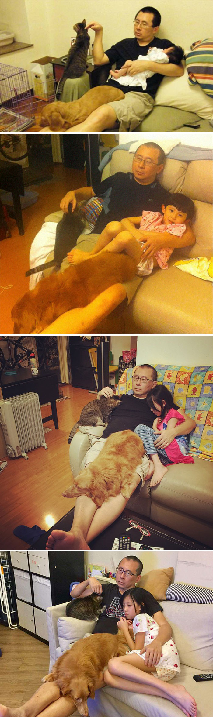 Padre, hija y mascotas recrean la misma foto durante 10 años