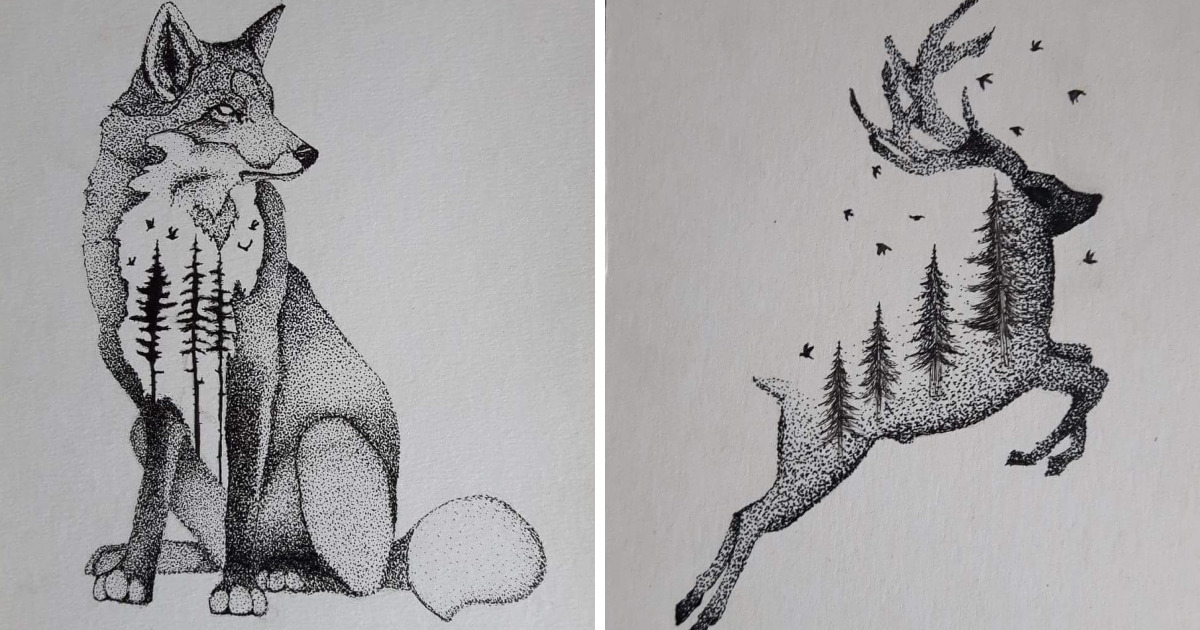 I Draw Wild Animals Using Dots And Double Exposure | Bored Panda