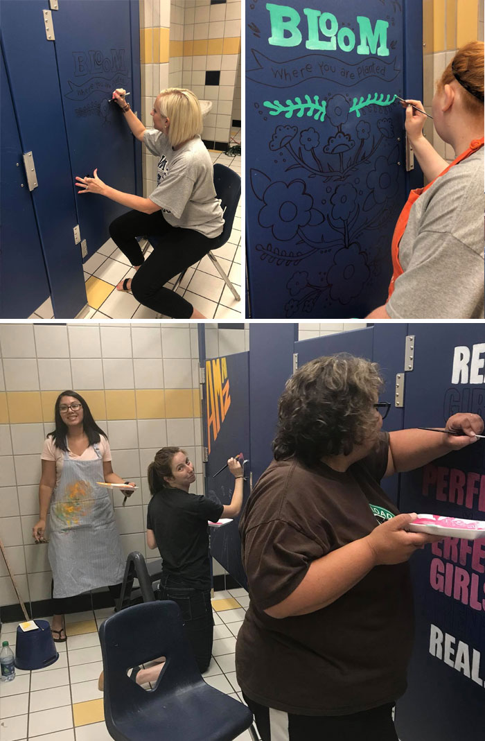 During A Holiday, Teachers Came To School And Decorated The Doors In The School Bathrooms With Motivational Words