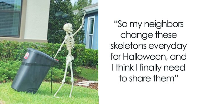 Girl Notices Her Neighbor’s Halloween Skeletons Are Playing Out A New Scenario Every Day, And It’s Hilarious