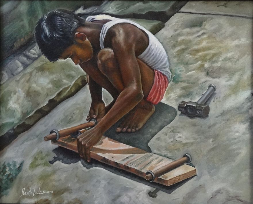 Boy Making Skateboard, Cultural Painting For Sale