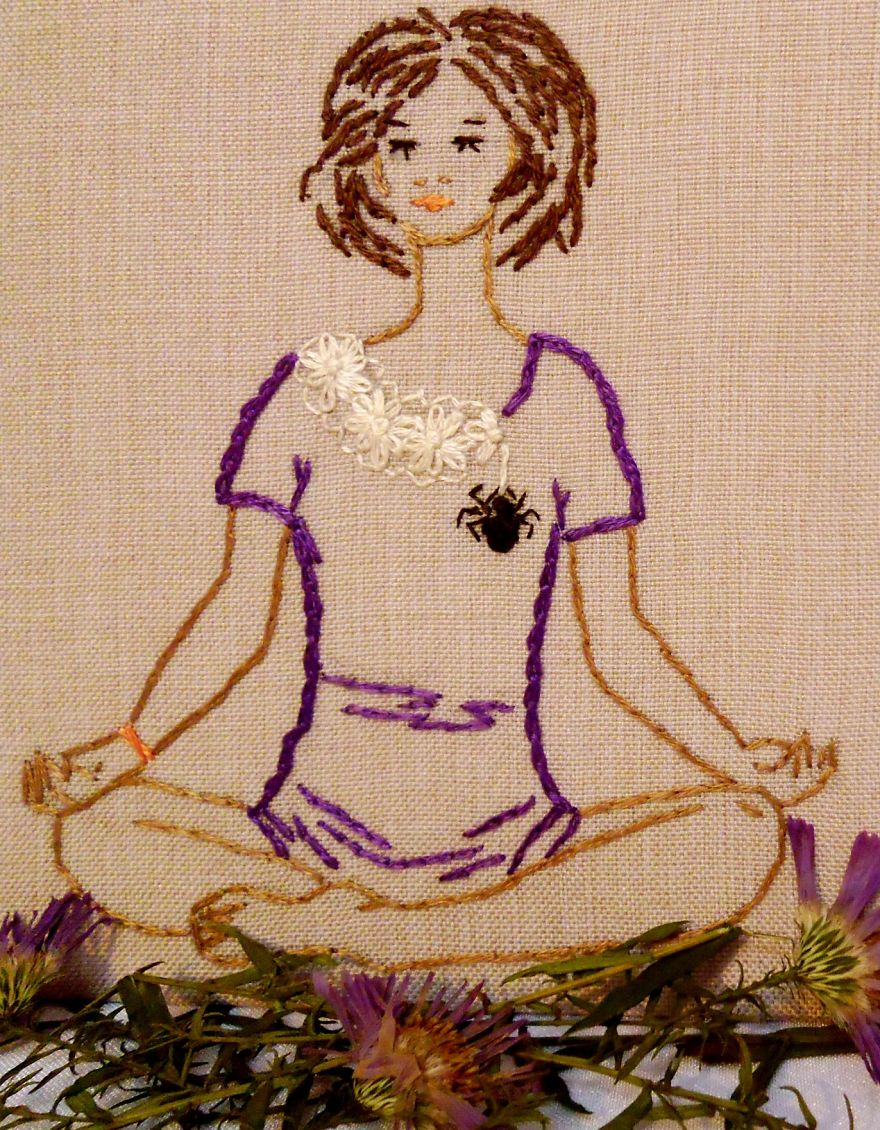 Contemporary Embroidery Art. Meditation Woman.