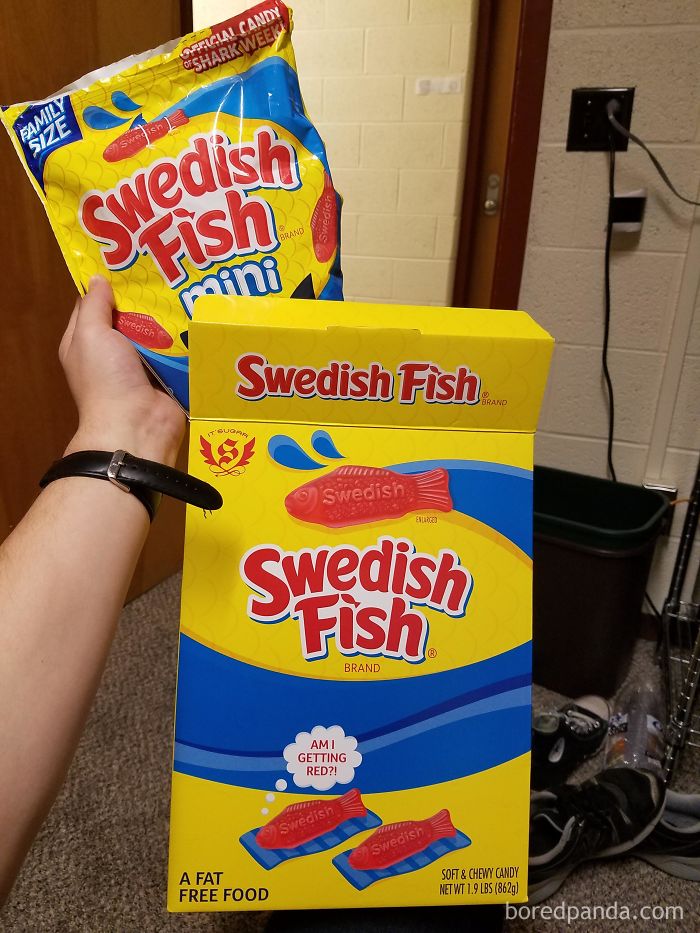 I Got A Giant Box Of Swedish Fish For My Birthday But It Was Just A Regular Giant Bag Of Swedish Fish Inside. They Jacked Up The Price $10 To Put A Bag In A Box