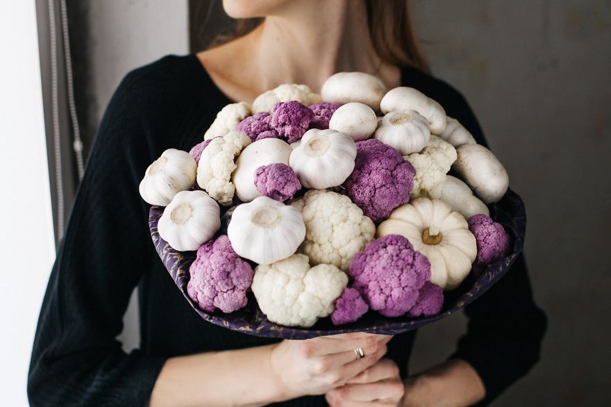 Bouquet From Purple And White Cauliflower, Garlic