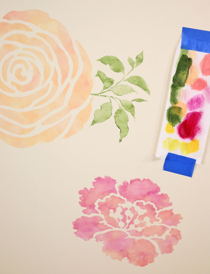 A Floral Watercolor Wallpaper Hack Using Reusable Stencils