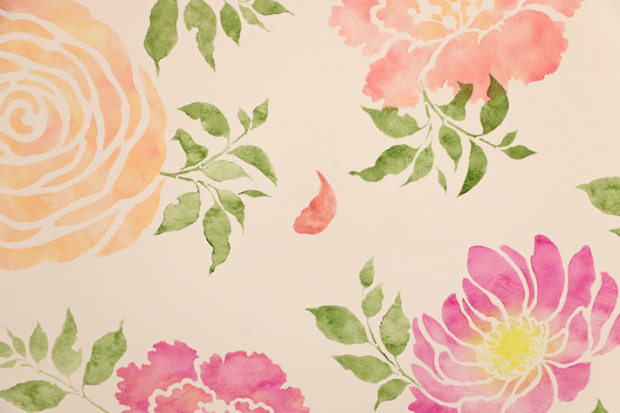 A Floral Watercolor Wallpaper Hack Using Reusable Stencils