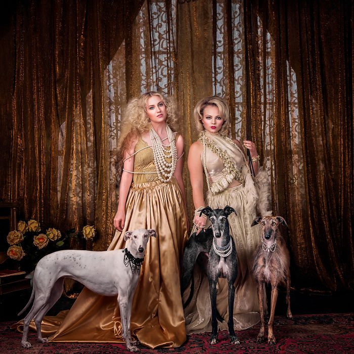 Two women in elegant vintage gowns posing with three abandoned hunting dogs in Spain, showcasing their story through photography.