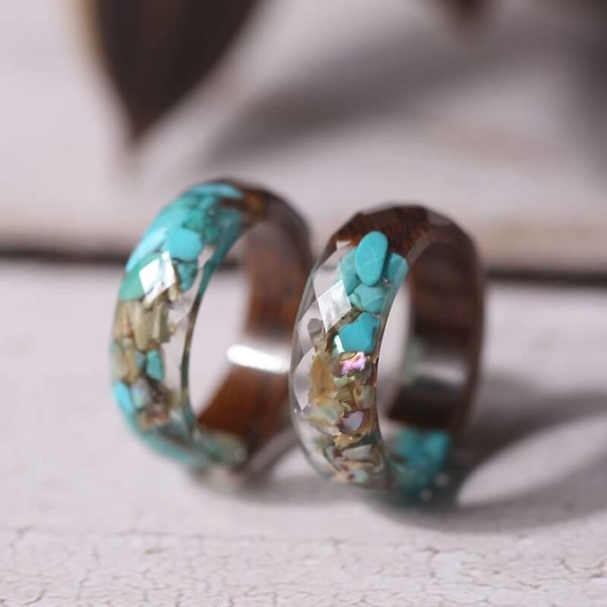 Geometric Wood Ring| Dried Flower & Golden Leaf Ring