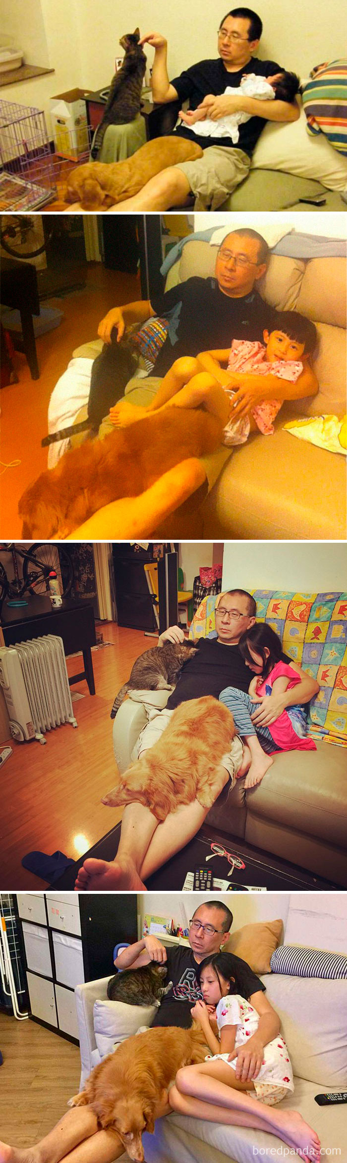 Padre, hija y sus mascotas se hacen la misma foto durante 10 años