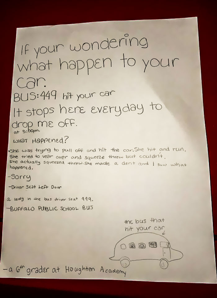 Este hombre descubrió que alguien había golpeado su coche, y encontró una divertida nota de una niña de 6º