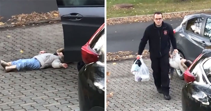 Mom Can’t Hold Back Laughter Filming Dad Carry Their Stubborn Child Inside Like A Duffle Bag