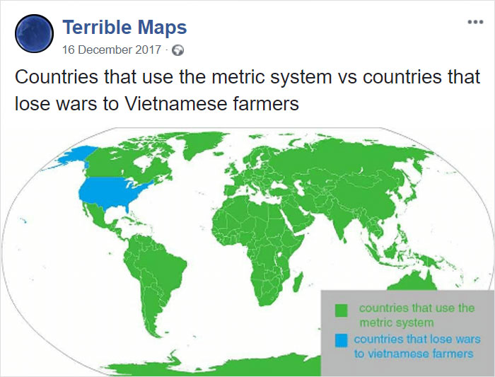 Países que usan el sistema métrico y países que perdieron una guerra contra granjeros vietnamitas