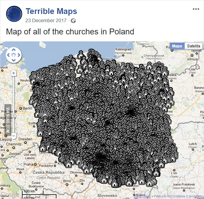 Mapa de todas las iglesias en Polonia