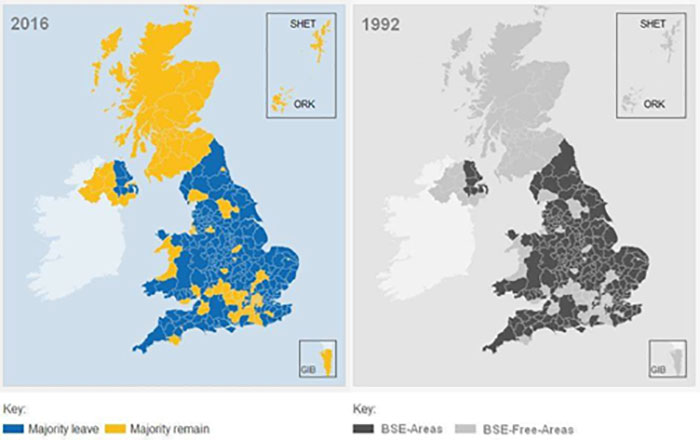 EU Referendum Results 2016 Vs. Mad Cow Disease Outbreak Areas 1992