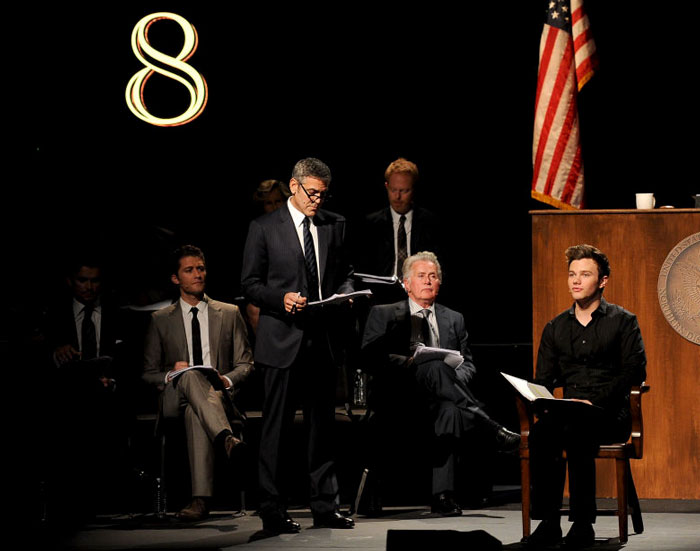 In March 2012, Clooney Was Featured In A Performance Of Dustin Lance Black's Play, '8'—a Staged Reenactment Of The Federal Trial That Overturned California's Prop 8 Ban On Same-Sex Marriage. The Production Was Held At The Wilshire Ebell Theatre And Broadcast On Youtube To Raise Money For The American Foundation For Equal Rights
