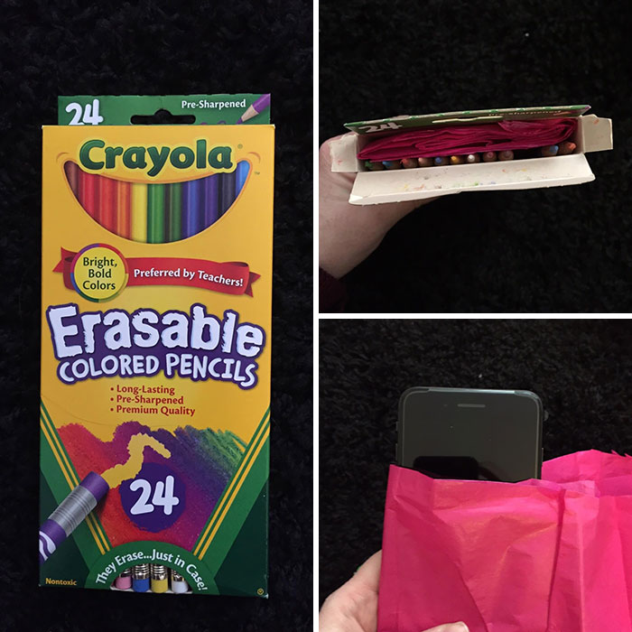 My Husband Always Got Colored Pencils For His Birthday And Christmas Growing Up And He Hates Them Cause He’s Colorblind. He's Been Wanting An iPhone Forever So Today I Bought Him One And This Is How I Wrapped It: