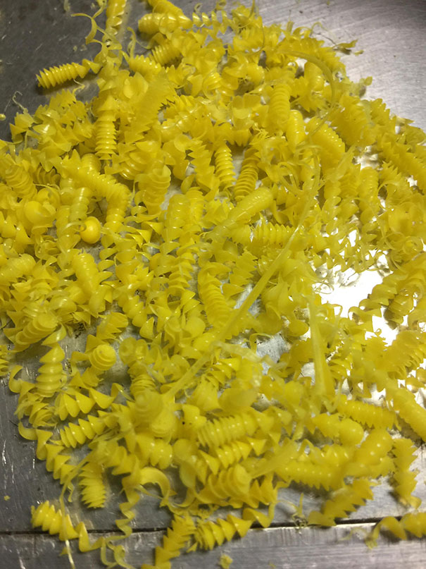 Plastic Shavings From A Hole Drill Actually Look A Lot Like Yellow Pasta
