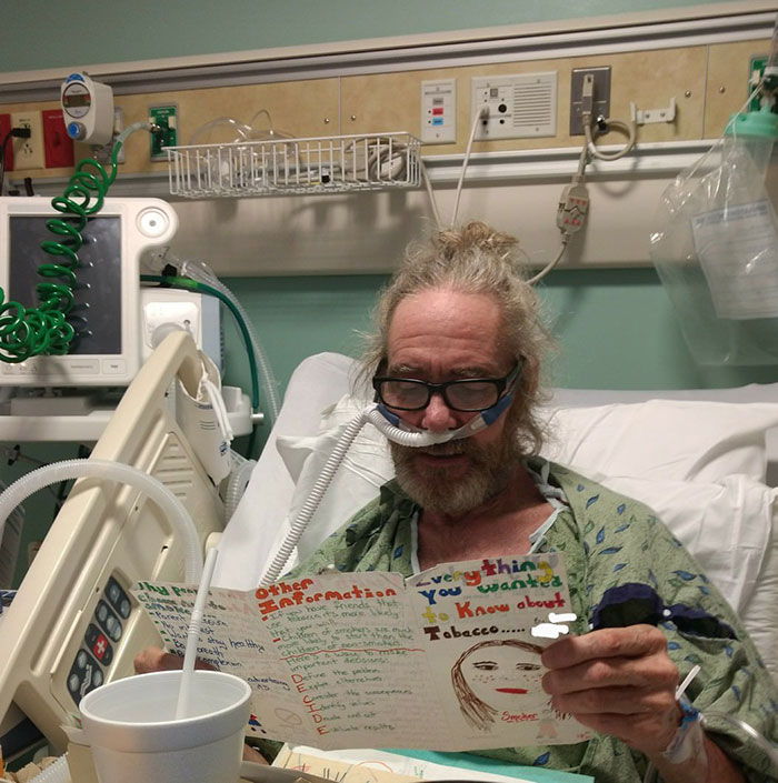 My Dad, In The Hospital Dying Of Emphysema, Reading An Anti-Smoking Pamphlet I Made Him When I Was A Kid