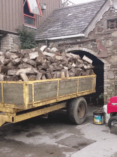 Camión lleno de madera que cabe por los pelos