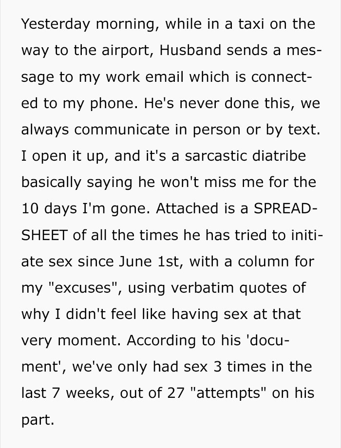 Husband Writes Down Every Time His Wife Refused Him Sex, Sends Her An Email After She Leaves For A Work Trip