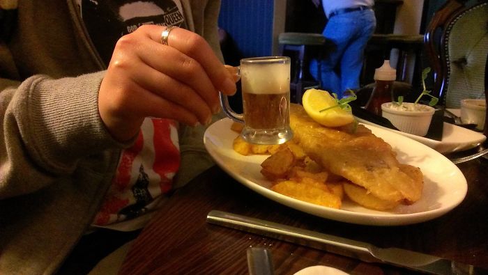 Went To The Local Pub With Girlfriend And She Ordered A Fish And Chips, Came With A Free Beer