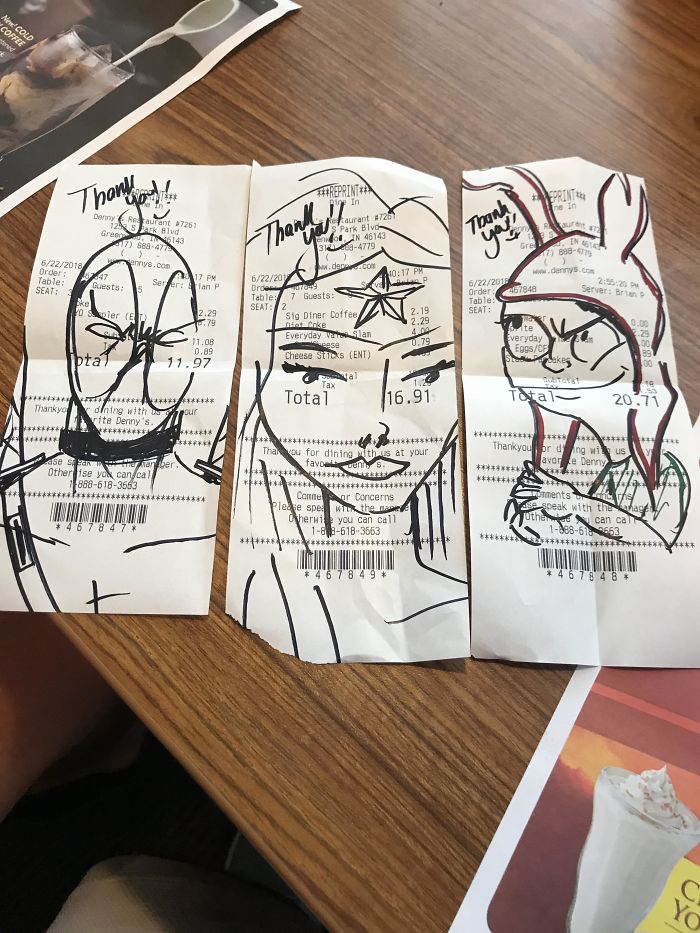 Our Waiter Doodled On Our Receipts At Denny’s Today