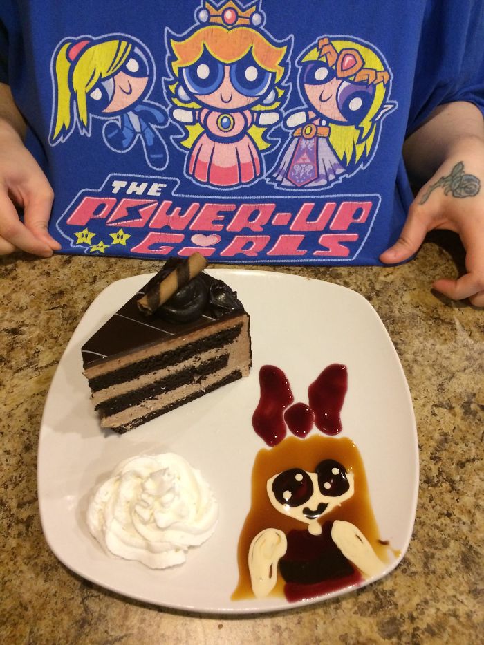 My Waitress Saw That I Liked The Powerpuff Girls So She Made A Blossom To Go With My Chocolate Cheesecake