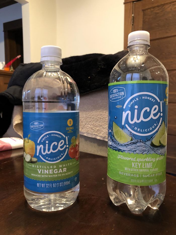 Walgreen’s Vinegar On Your Left, My Husband’s Regular Sparkling Water Go-To On Your Right. He Discovered His Error A Little Too Late