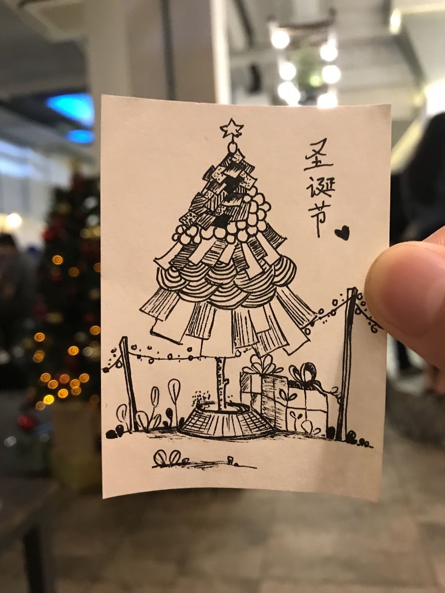I Drew 24 Pictures Of Christmas Tree In Small Paper Notes In My Coffee Time. These Chrismas Trees Can Be Become True By Your Hands.