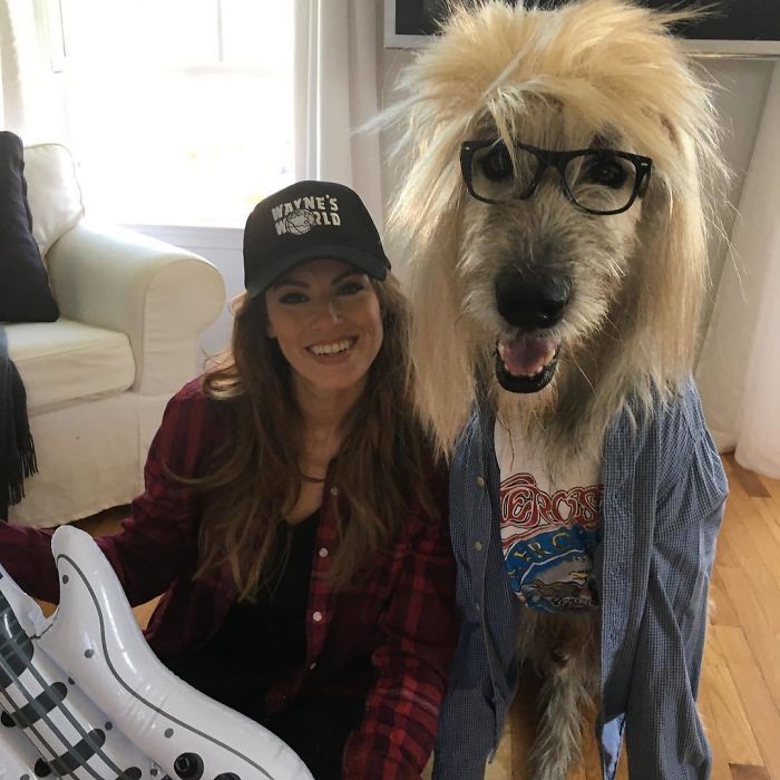 Owner And Her Dog Dressed Like Wayne’s World Characters For Halloween