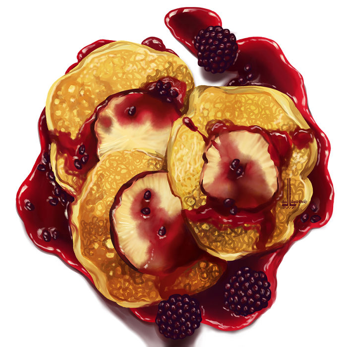 Illustration of a delicious dish featuring pancakes topped with fruit and berry sauce to make you hungry.