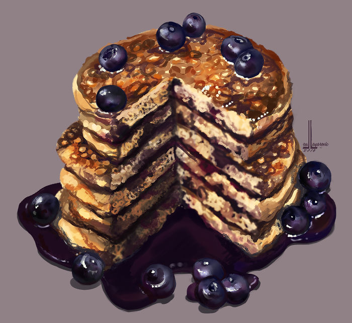 Illustrated stack of pancakes with blueberry sauce and fresh blueberries, a delicious dish that will probably make you hungry.