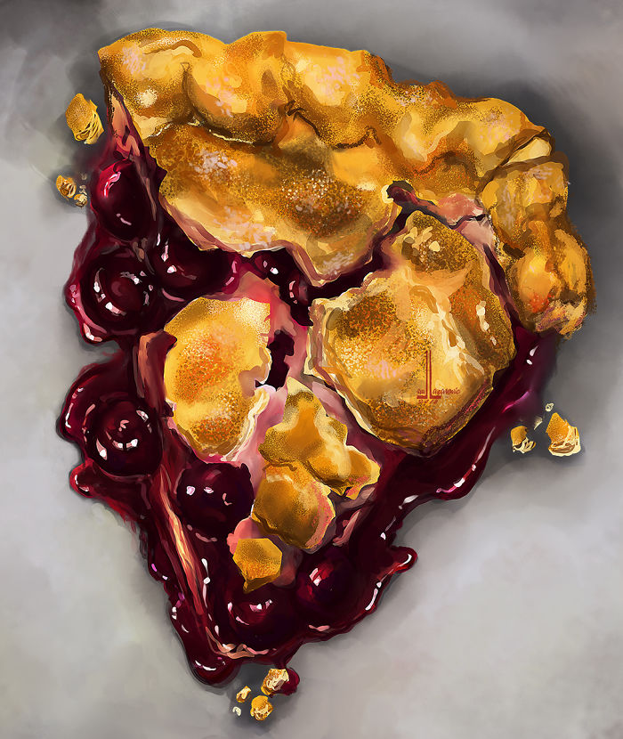 Digital illustration of a slice of cherry pie with golden crust and juicy berries, showcasing dishes that will probably make you hungry.