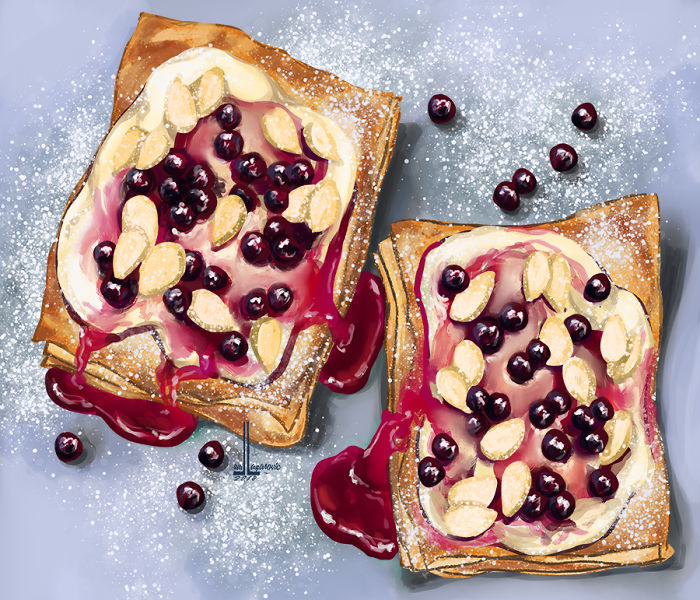 Illustration of delicious dishes with berries and cream on toast, designed to make you hungry and crave tasty food.