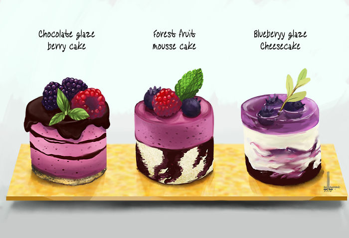 Illustrations of three delicious cakes with berry glazes and mousse, artistic dishes that will probably make you hungry.