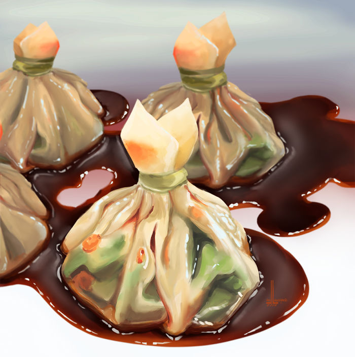 Illustration of savory dishes wrapped like pouches, served with rich dark sauce, highlighting illustrated dishes that make you hungry.