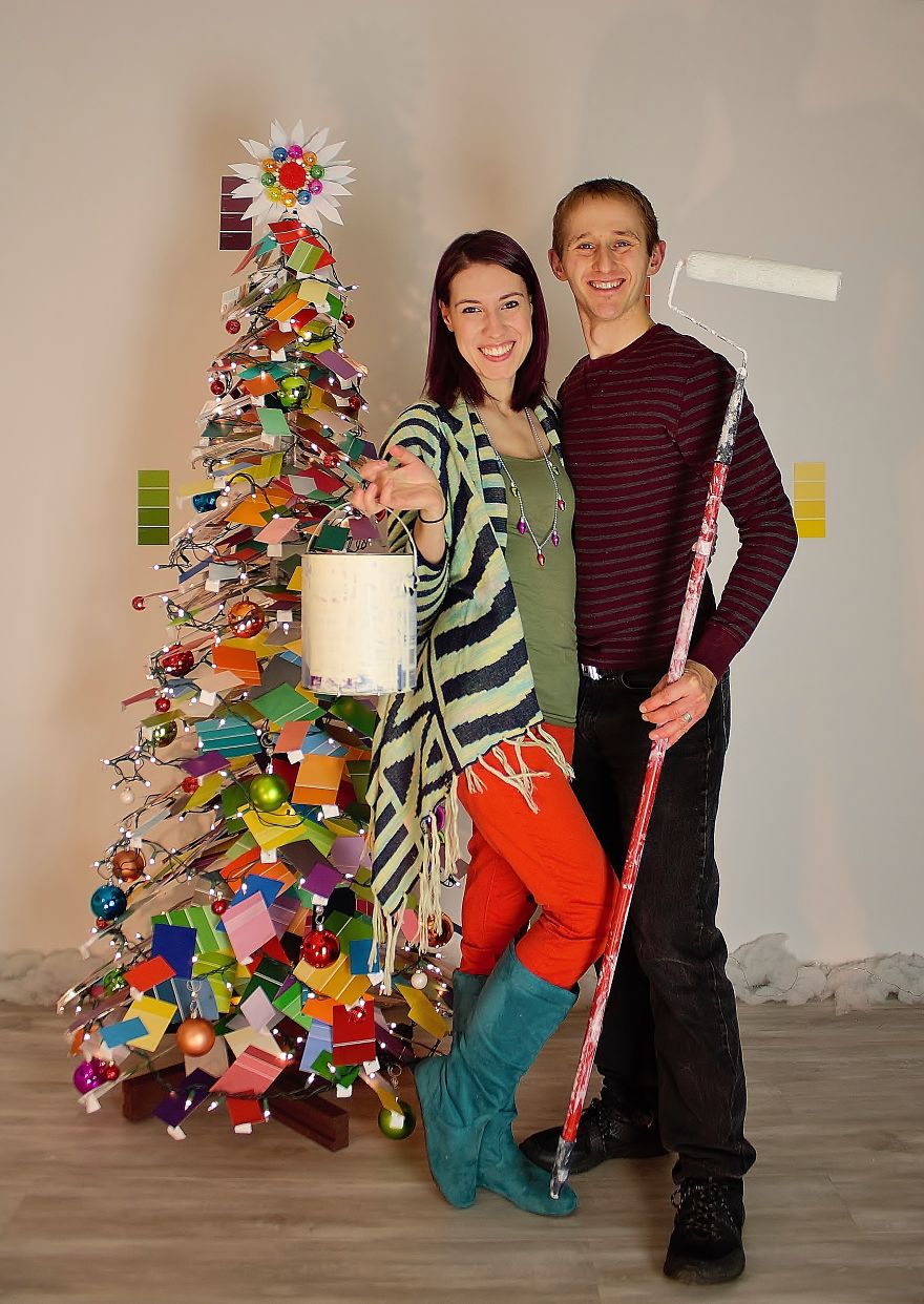 We Made An Unconventional Christmas Tree From A Stack Of Paint Samples And Some Old Blinds