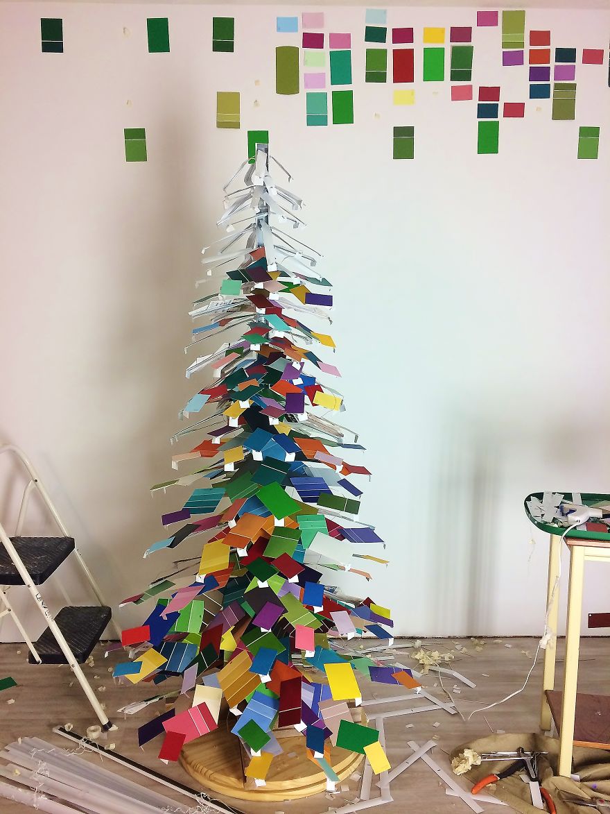 We Made An Unconventional Christmas Tree From A Stack Of Paint Samples And Some Old Blinds