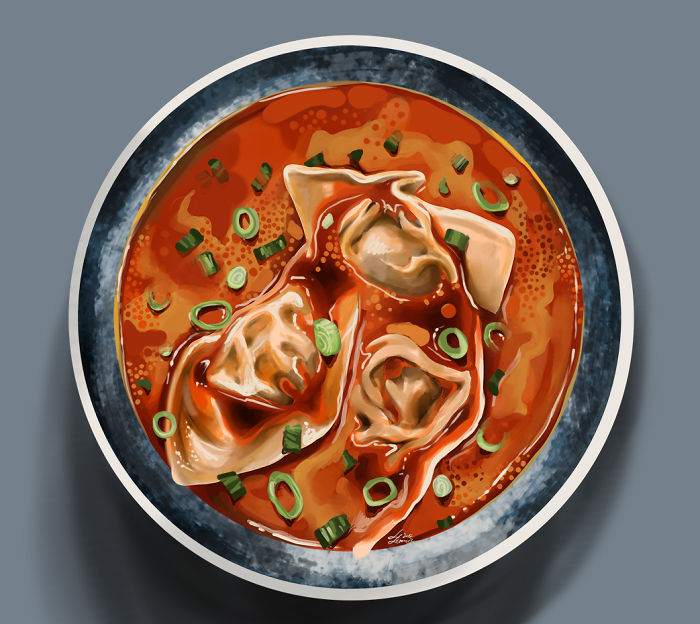 Illustration of delicious dishes featuring dumplings in a rich tomato sauce with green onions, designed to make you hungry.