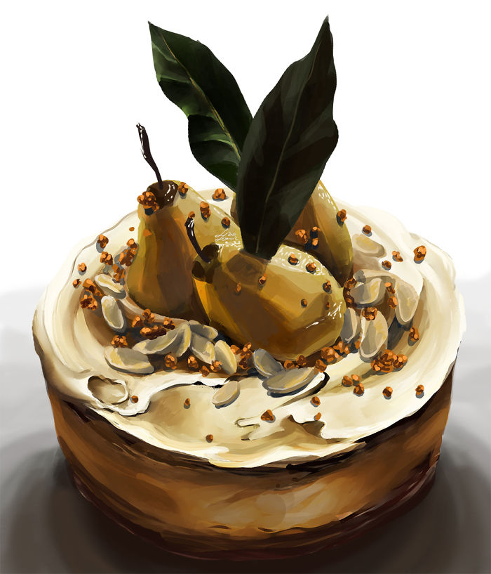 Illustration of a delicious dessert featuring pears and nuts, designed to make you hungry and crave sweet dishes.