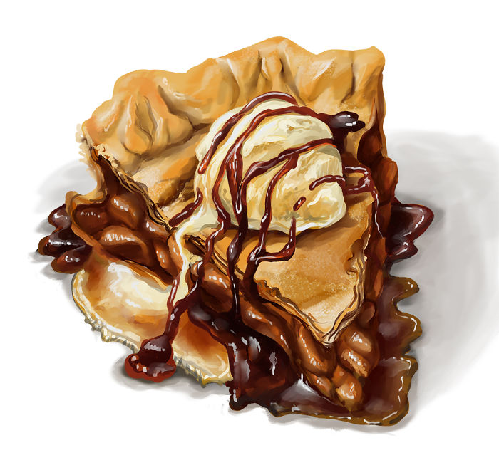 Illustration of a dessert dish with chocolate sauce and vanilla ice cream that will probably make you hungry.