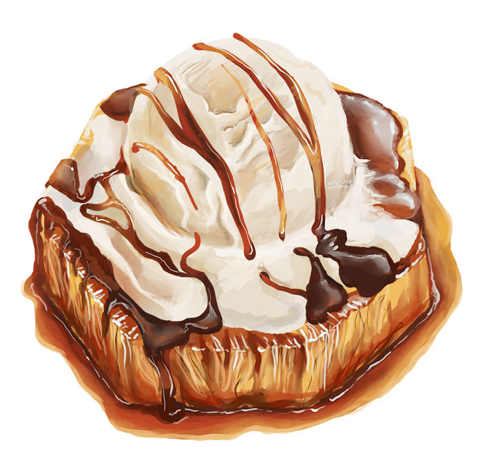 Illustrated dessert dish with whipped cream, caramel drizzle, and rich sauce, likely to make you hungry and crave sweets.