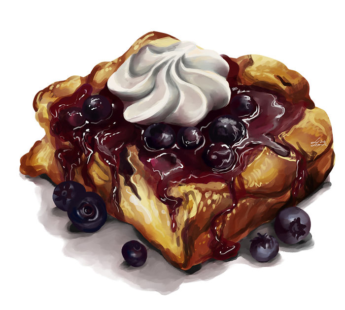 Illustration of a dessert dish with blueberry sauce and whipped cream that will probably make you hungry.