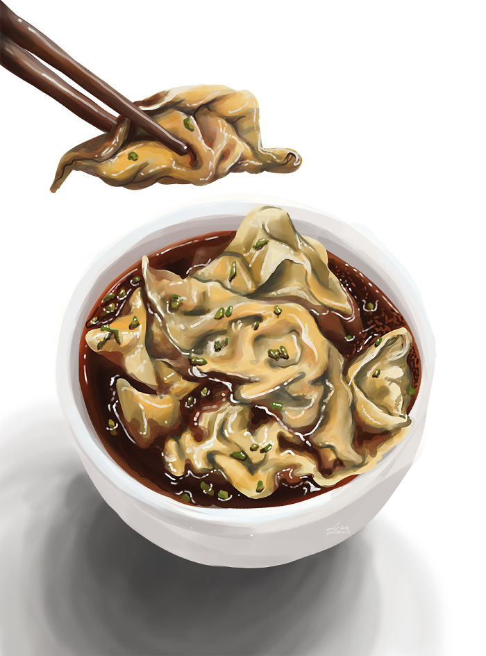 Illustration of dumplings in spicy sauce, a dish that will probably make you hungry with its savory and appetizing look.