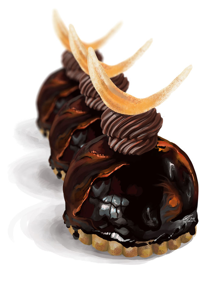 Three illustrated chocolate mousse dishes with glossy glaze, whipped topping, and decorative caramel shards arranged in a row.