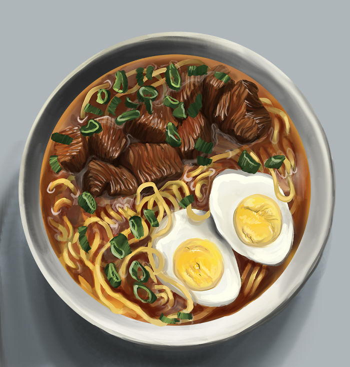 Digital illustration of a hearty dish with noodles, boiled eggs, meat, and green onions in savory broth.
