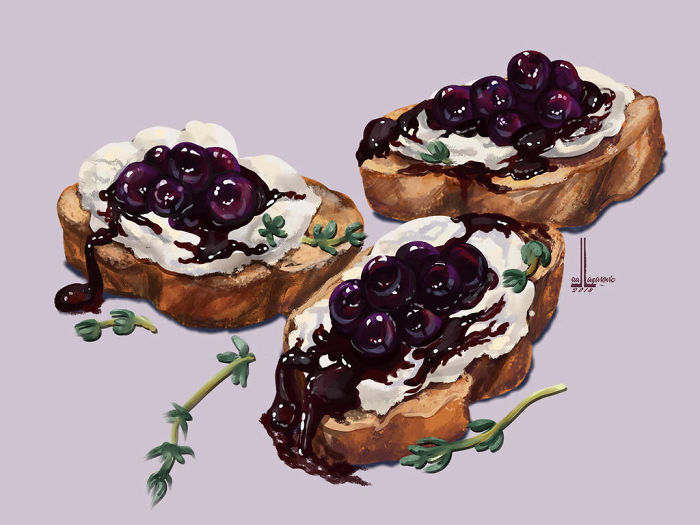 Illustration of dishes featuring toasted bread with cream cheese and blueberry topping, designed to make you hungry.