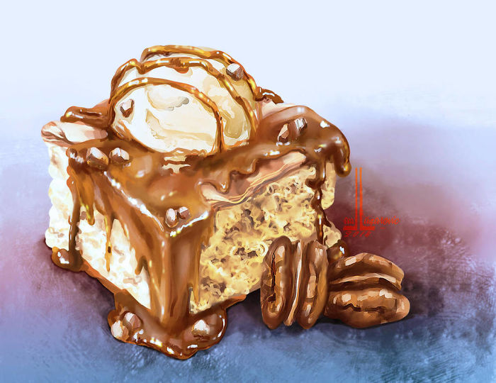 Illustration of a rich dessert dish with chocolate sauce, pecans, and a scoop of ice cream, likely to make you hungry.