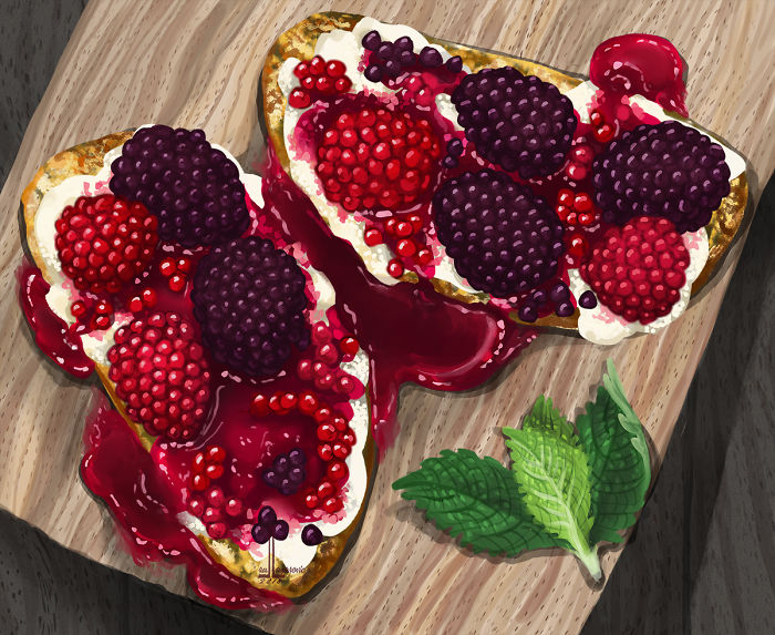Illustration of delicious dishes with fresh berries and cream on toast, designed to make you hungry and crave a snack.