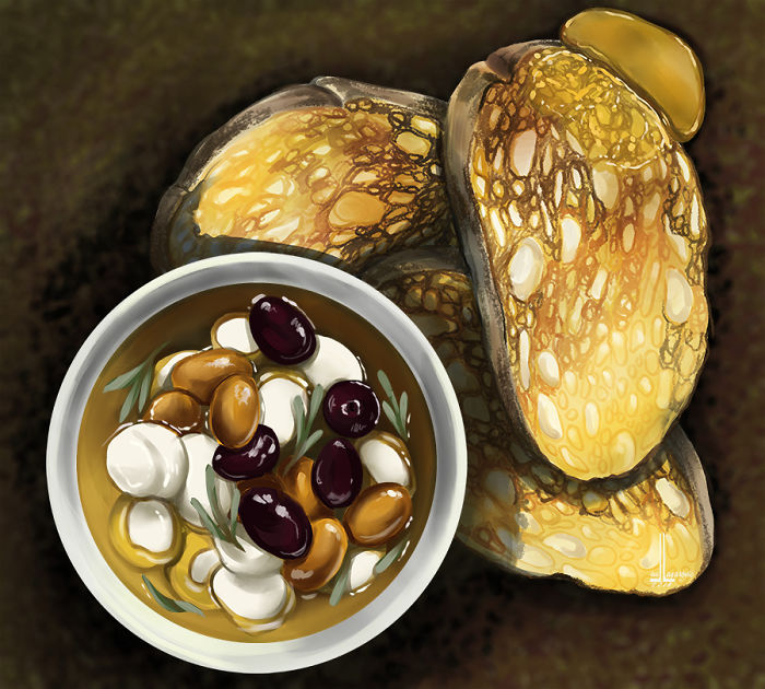 Illustration of a dish with olives, cheese, herbs, and toasted bread slices that will probably make you hungry.
